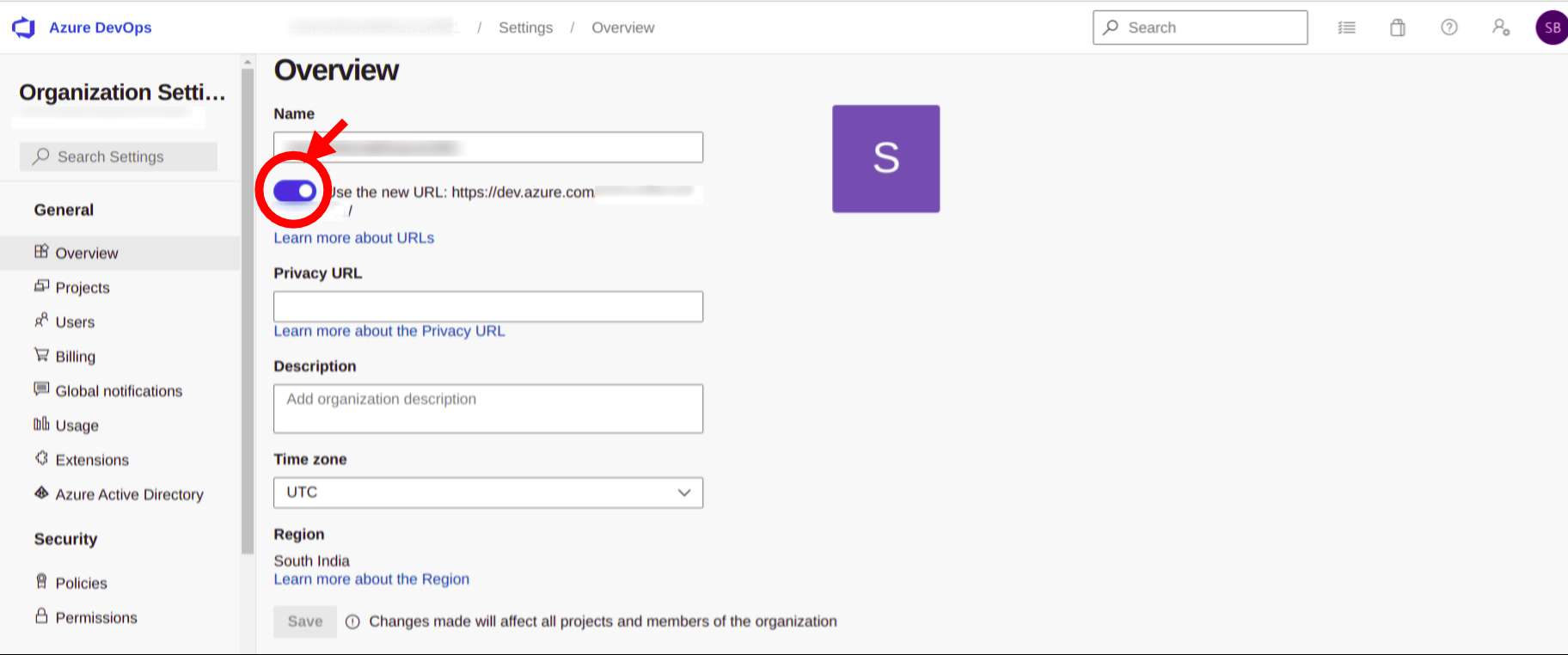 azure organization settings